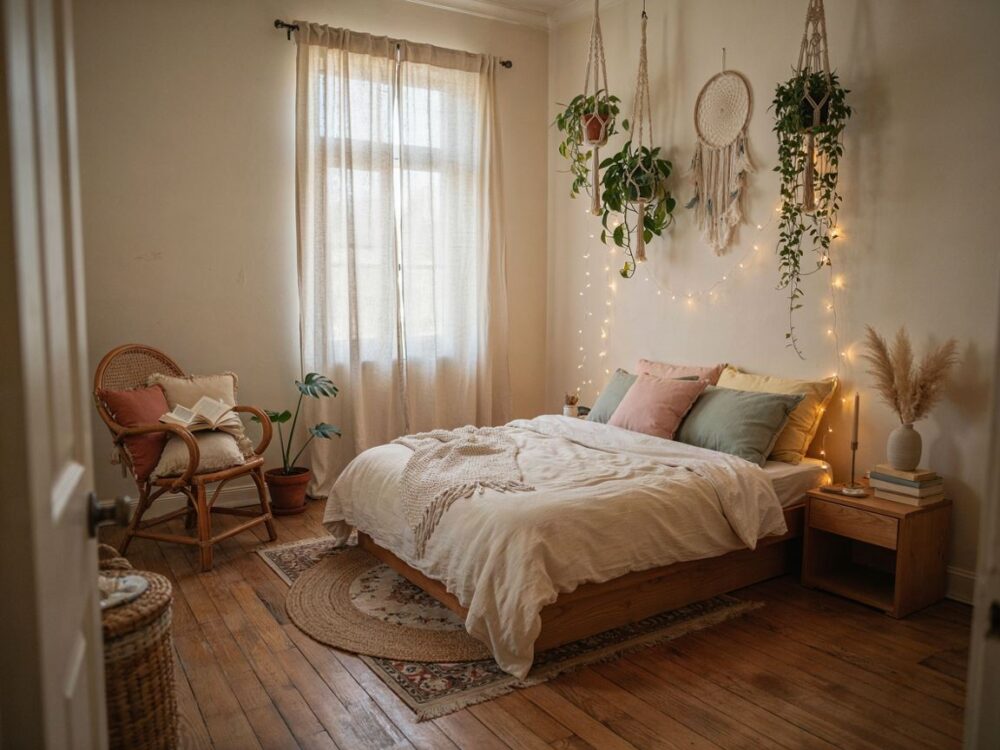 łóżko z falbaną i poduszkami boho
